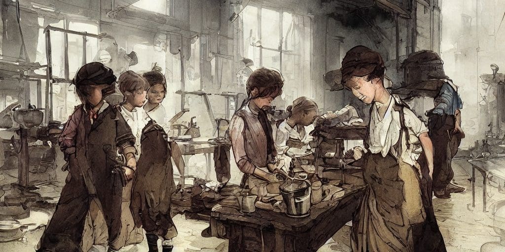 Women and children at work in the factory
